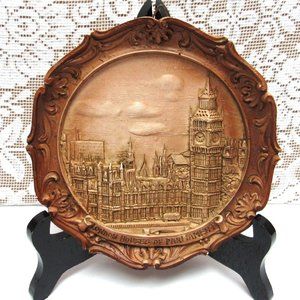LONDON Houses of Parliament Big Ben Vintage Wood Carving Plaque Wall Souvenir